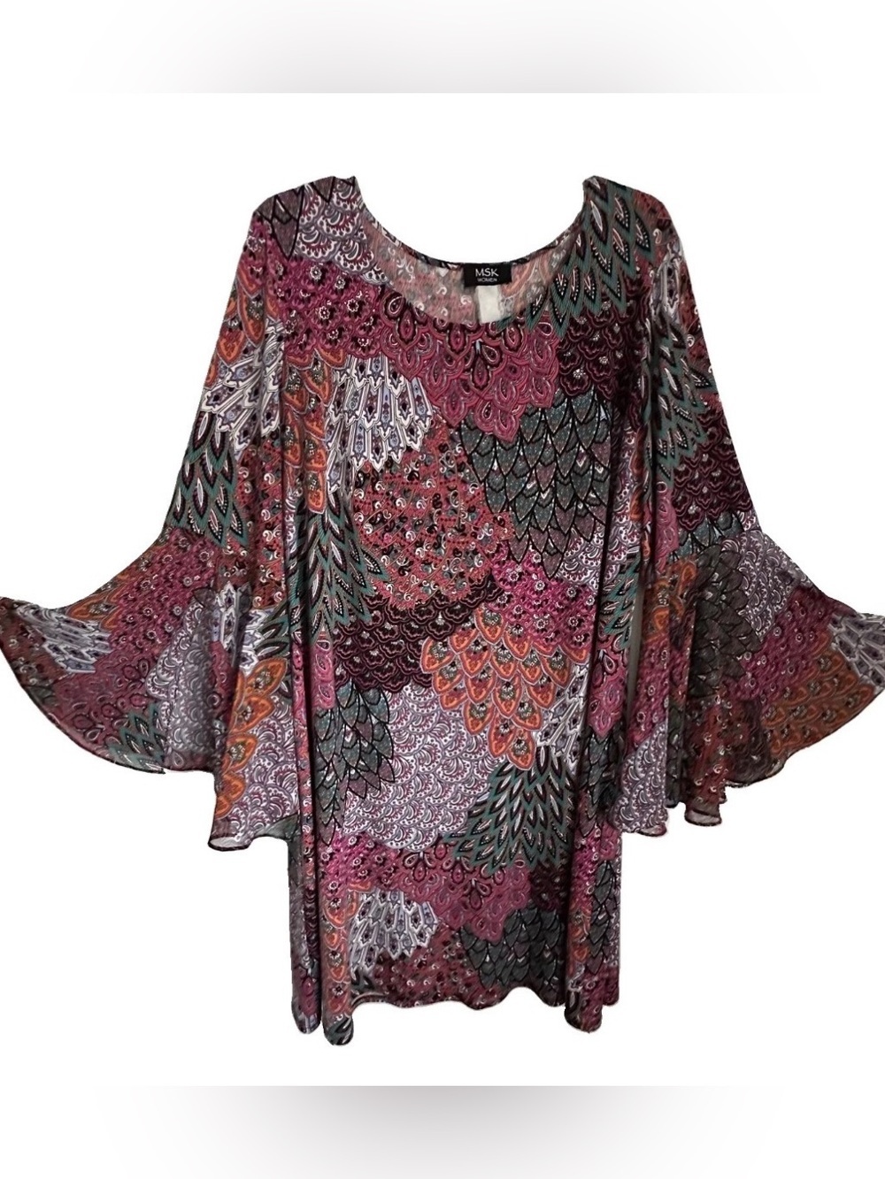 MSK Dress Womens L/XL Paisley Bell Sleeve Boho Tunic Mini Stretch Flowy Retro